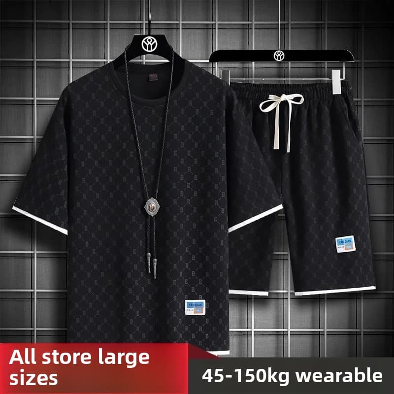 Men's Sporty Printed Two-Piece Set Plus Size Loose Fit Summer Casual Wear Comfortable Thin Material Fashionable Brand