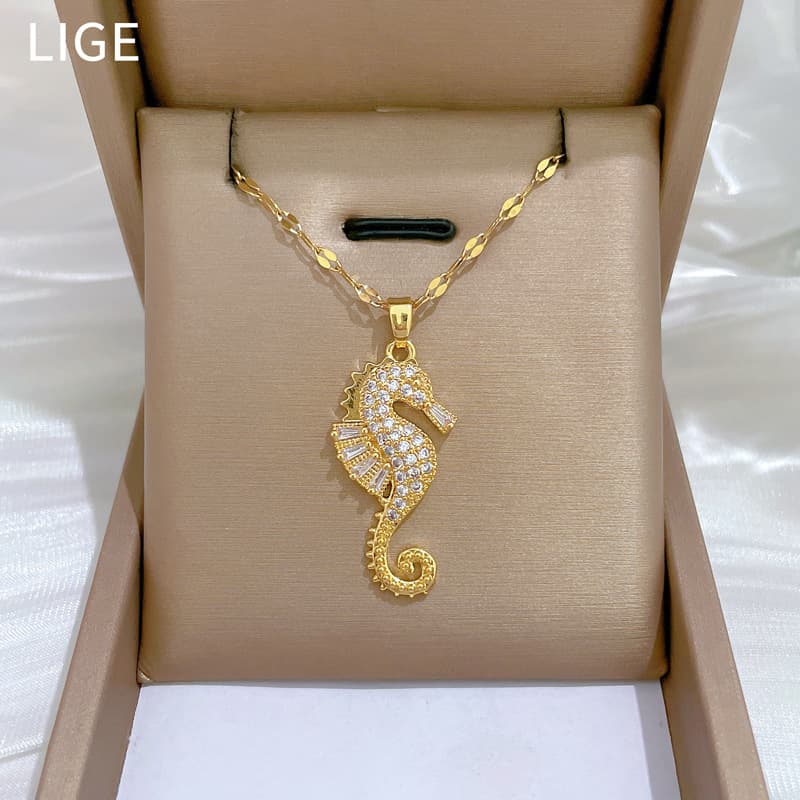 Steel 【 Titanium 】 Small Seahorse Animal Light Luxury Temperament Gorgeous Full Diamond Necklace Women's Versatile 【 】