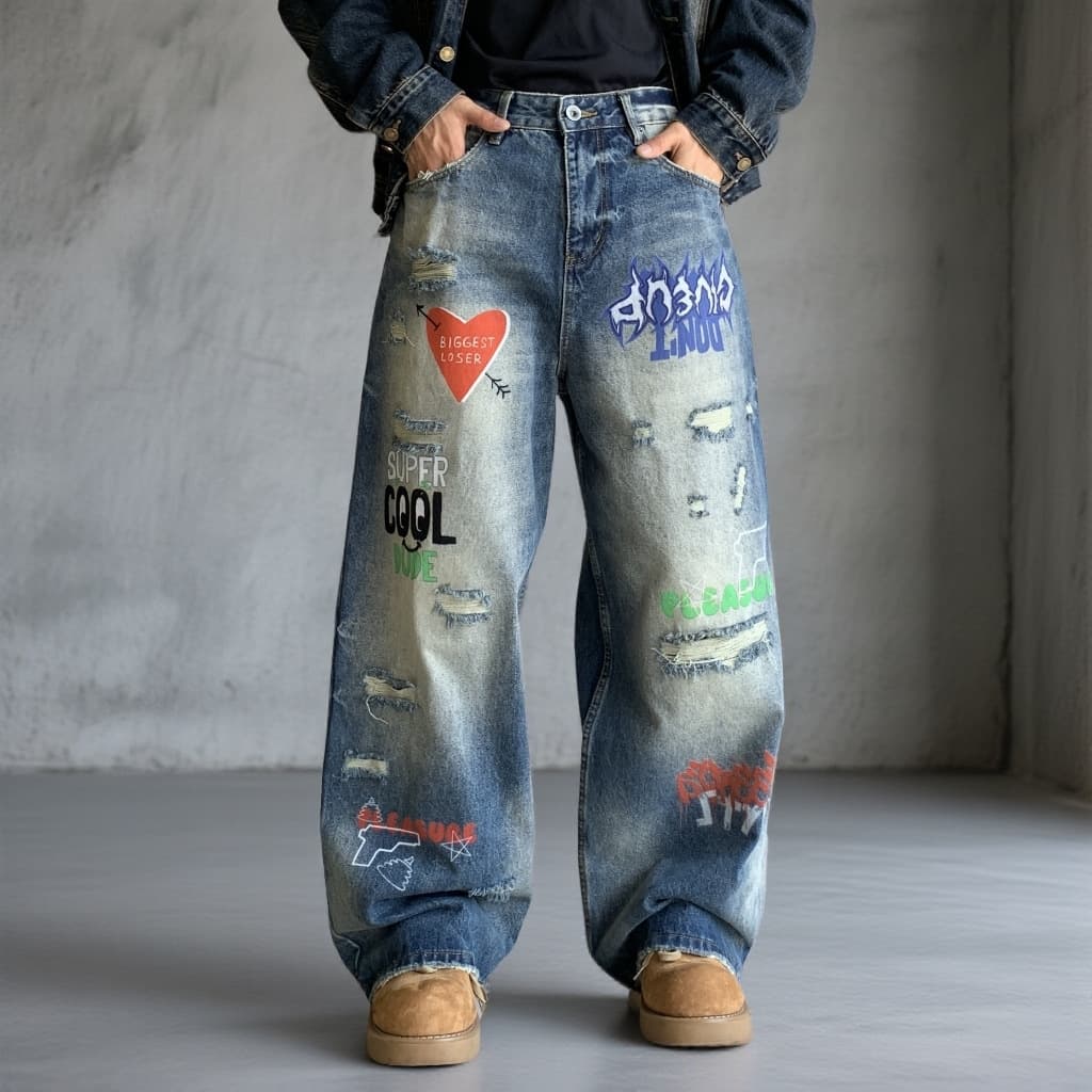 ​​Men's Loose Fit Straight Leg Distressed Denim Jeans With Graffiti Wash - Vintage Blue Casual Streetwear Pants​​