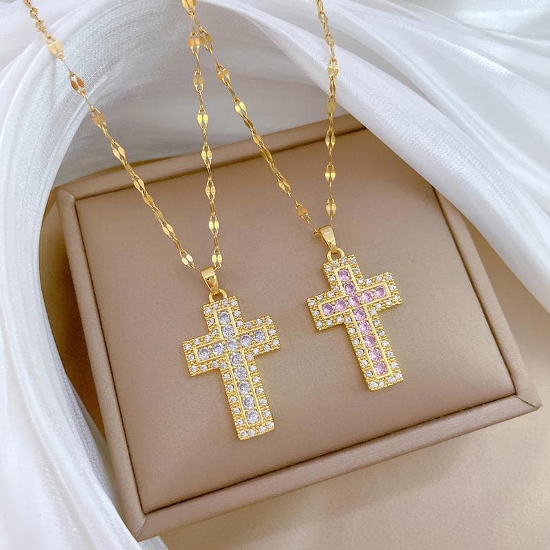 Fashion Shiny Zircon Sacred Cross Pendant Necklace for Women Stainless Steel Chain Amulet Choker Jewelry