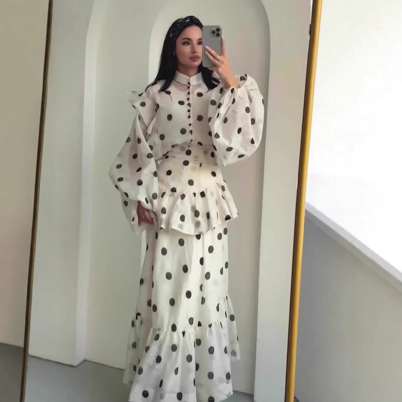 Vintage-Inspired Floral Dot Long Sleeve Dress – Elegant High Waist Maxi Dress With Puff Sleeves (S-XXL, White)