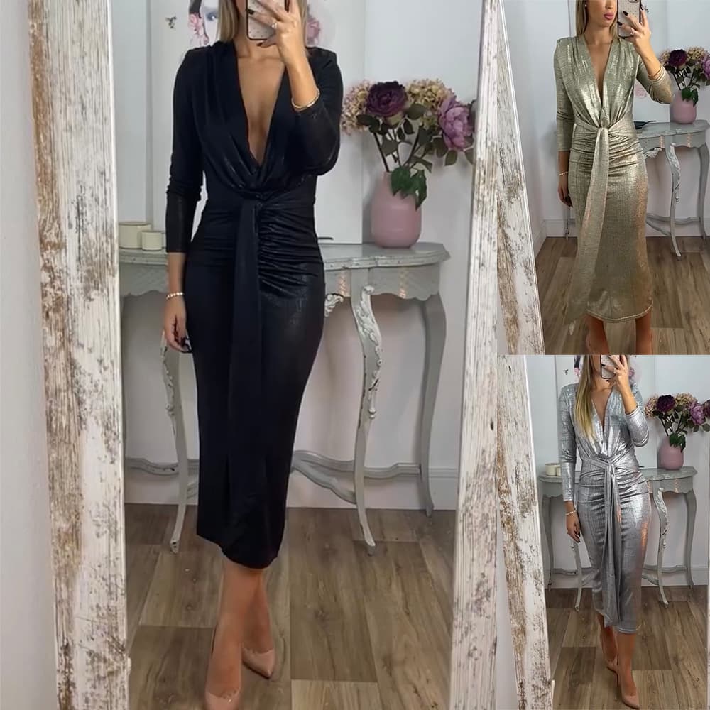 Women's Clothing Autumn And Winter Sexy V Neck Dress Solid Color Hot Stamping Tight Hip Skirt