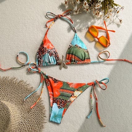 Women's Clothing Printed Lace Up Sexy High Waist Bikini Swimsuit