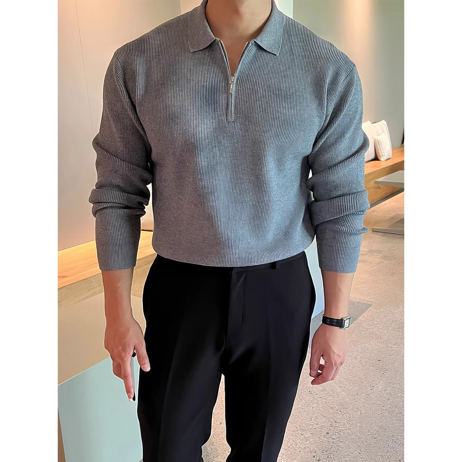 Men's Slim Fit Polo Collar Half-Zip Knit Sweater - Breathable Stretchable Business Casual Pullover For Youth & Adults