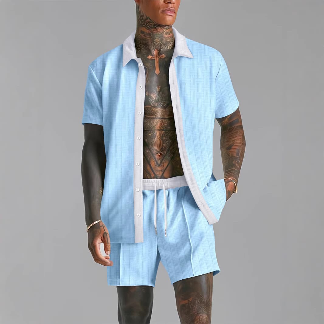 Men's Clothing Off Shelf Casual Color Matching Short Sleeved Shirt Comfortable Shorts Two Piece Set
