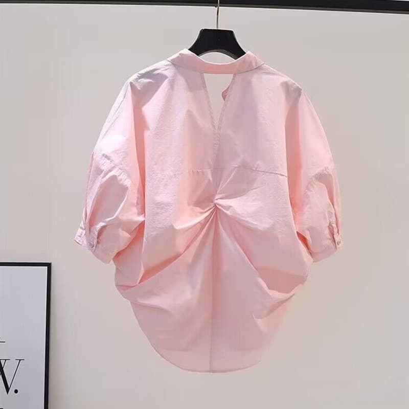 [Cotton Linen] Women's Shirt Summer Back Split Shirt Women's Loose Pleated Short-sleeved Top