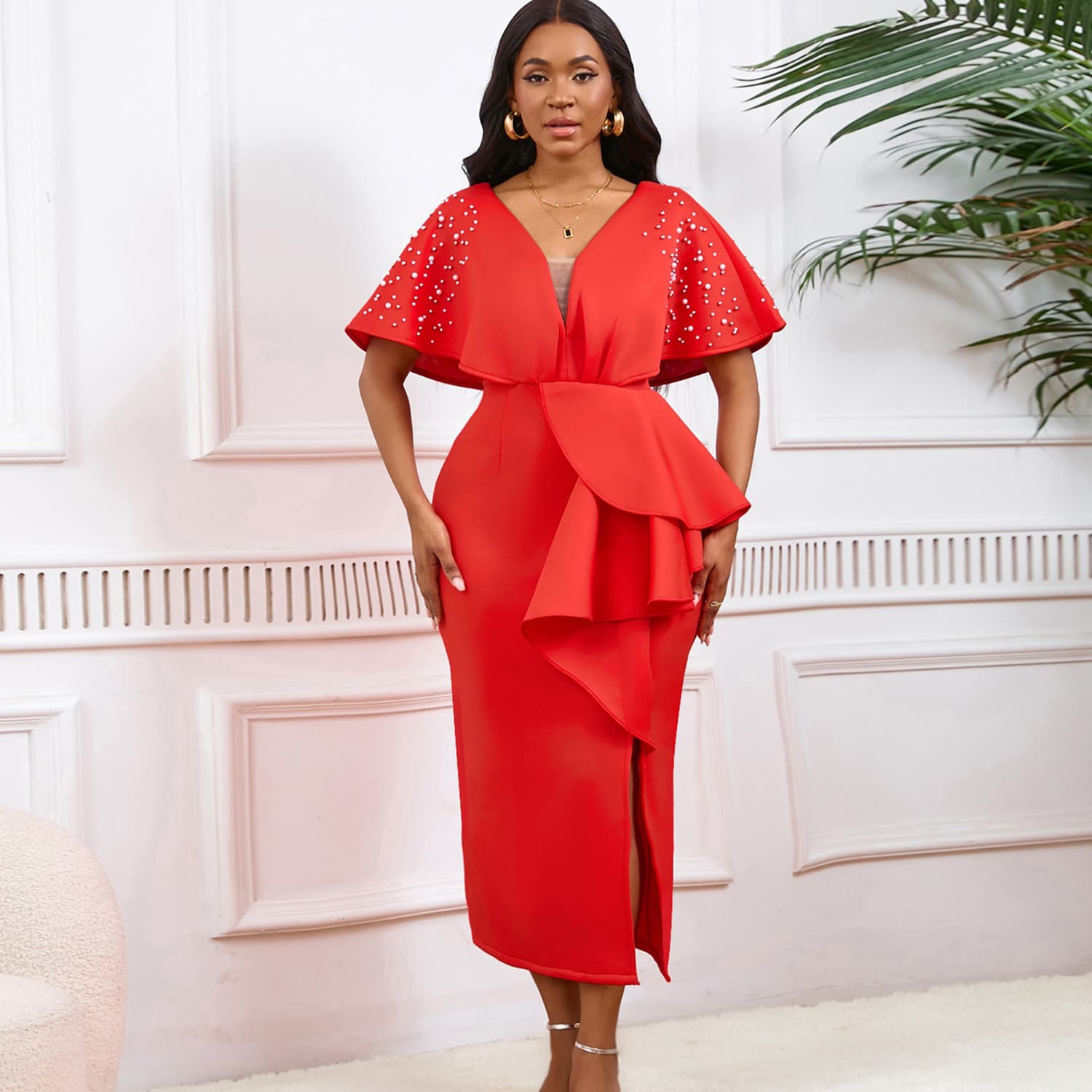 Women's Clothing Plus size Summer Sexy V Neck Ruffled Slit Beaded Evening Dress Celebrity Temperament Banquet Dress