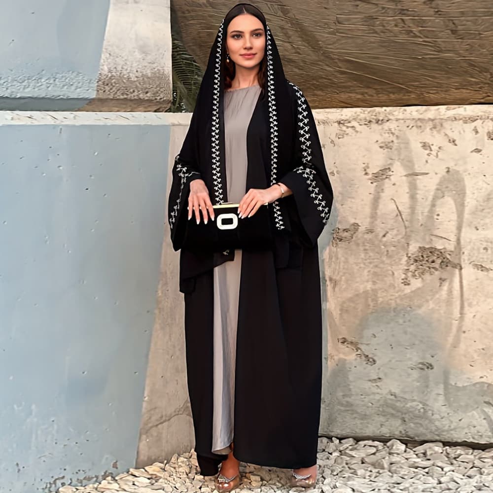 Women's Clothing Muslim Fashion Temperament Elegant Cardigan Robe Bat Sleeve Embroidered Headscarf