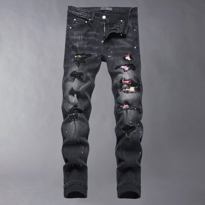 Streetwear Ripped Jeans – Black Slim Fit Stretch Denim With Rhinestone & Patchwork (S-3XL, Skinny Tapered, Distressed, Hip-Hop & Punk Style)​