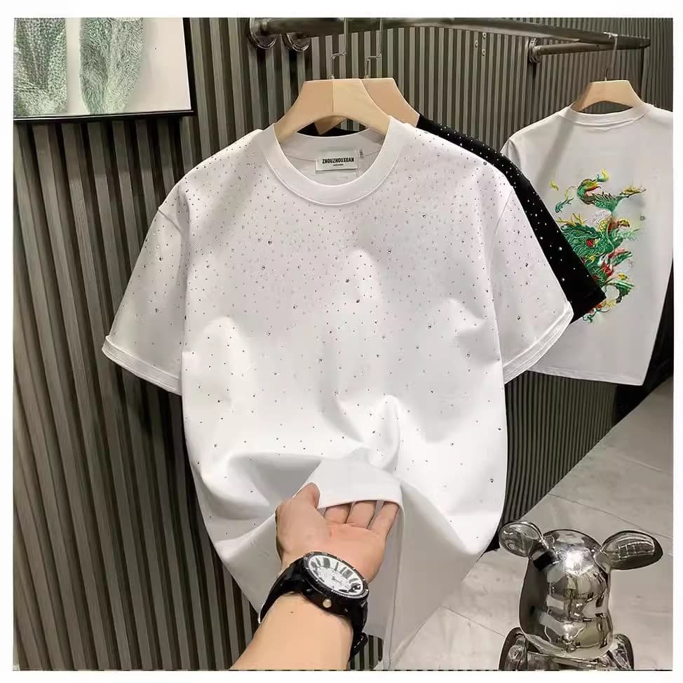 Men's Clothing Round Neck Short Sleeve T-Shirt Starry Rhinestone Pattern Trendy Versatile Layering Top