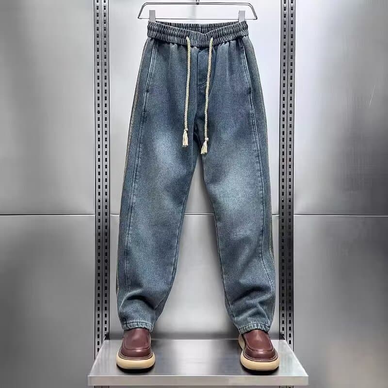 American Casual Jeans Men's Trendy High Street Loose Straight Youth Striped Patchwork Wide Leg Pants