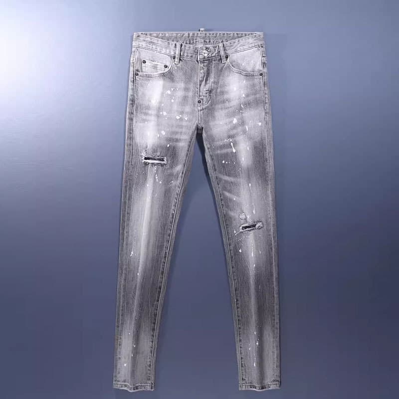 Men's Grunge Gray Jeans Paint Splatter Patchwork Distressed Ripped Denim Pants Slim Skinny Fit for Urban Artistic Style