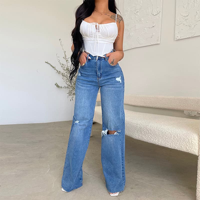 Factory Direct Ladies Jeans Long High Waist Ripped Burr Selling European And American Style Comfortable Wide Leg Pants