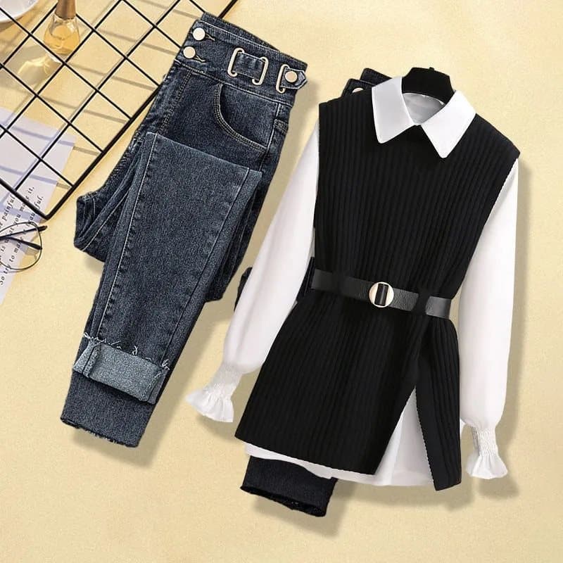 Women's Clothing Knitted Vest Shirt Female Temperament Slim Jeans Women's Plus Size Spring Outfit Set Knit Vest, Shirt & Slimming Jeans
