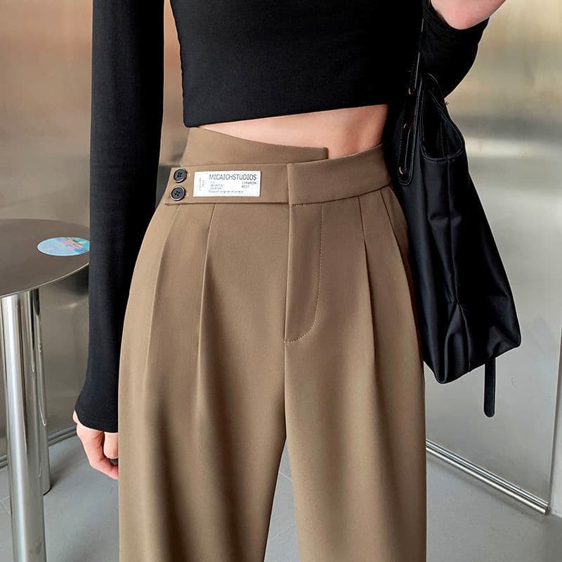 Women's Clothing High Waist Drape Wide Leg Pants Casual Loose Floor Length Double Button Straight Suit Pants