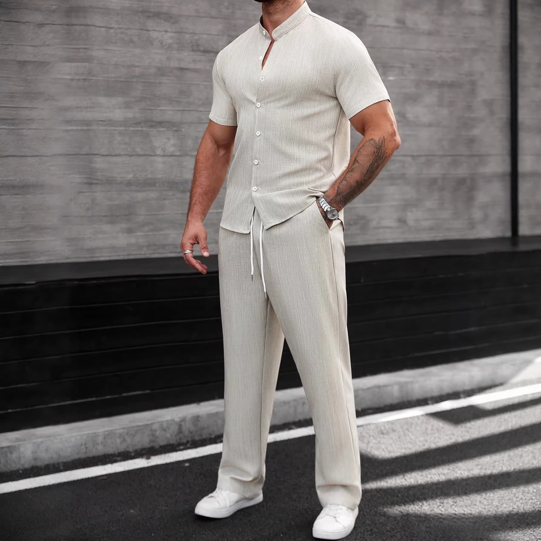 Men's 2 Piece Casual Set Solid Color Textured Short Sleeve Shirt And Trousers Regular Fit Spring Summer Autumn Wear