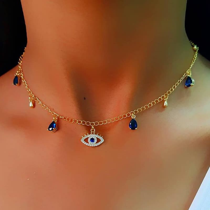 Collier chaîne pendentif collier bijoux européens et américains cristal été plaqué or collier œil du diable pendentif en alliage