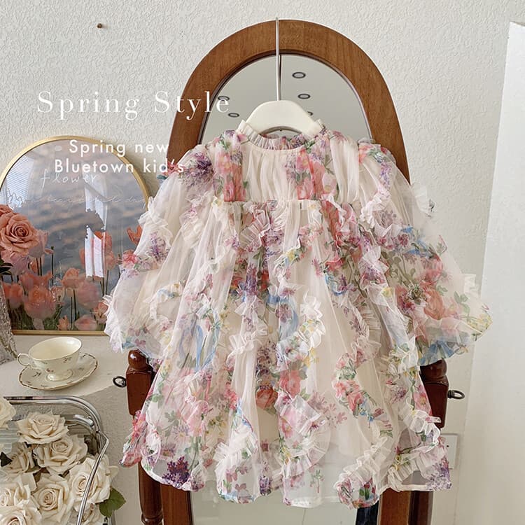 Girls' Floral Princess Dress With Puff Sleeves – Elegant Spring & Autumn Outfit For Toddlers & Kids (100-150cm)
