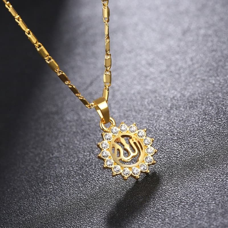Islamic Muslim Allah Sun Flower Pendant Zircon Arabic Calligraphy Necklace Men Women Religious Scripture Amulet Jewelry