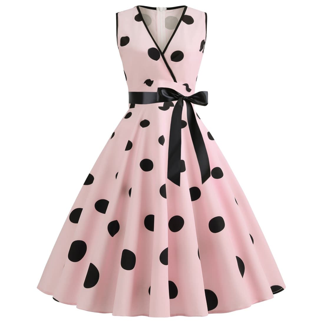 Women's V-neck sleeveless polka-dot lace-up waist retro swing dress
