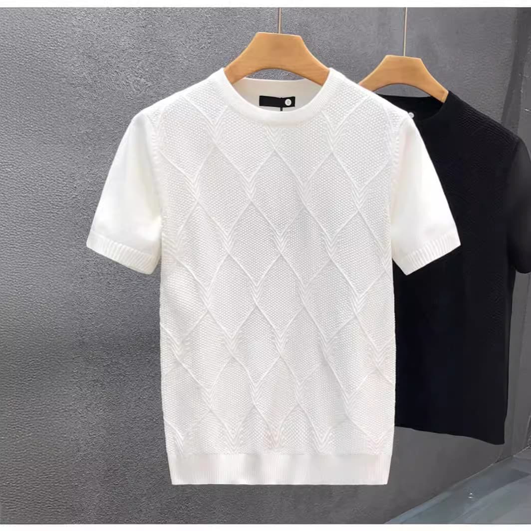 Men's Clothing white short sleeved sweater for men, trendy brand, summer inner wear, half sleeved knitted sweater, slim bottoming shirt for men