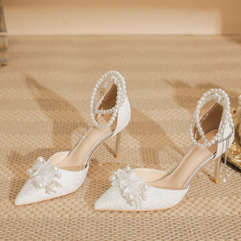 Women's Shoes Elegant Business Wedding Party French White High Heels Women's Stiletto Lace Wedding Dress Wedding Bride Main Wedding Dress Single Shoes