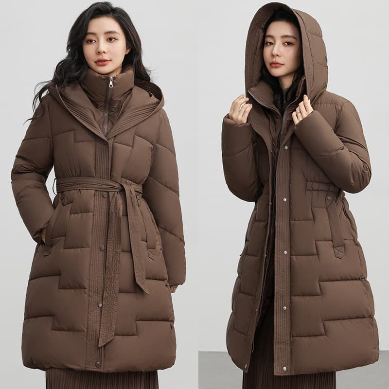 Women's Clothing Long Padded Coat With Waist Tie, Knee-Length Thickened Hooded Winter Jacket, Windproof Polyester Outerwear (Black/Beige/Khaki/Brown)​