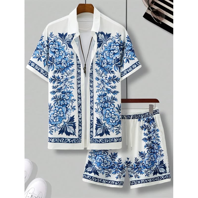 ​​"Men's Short Sleeve Floral Print Shirt & Shorts Set - Lightweight Polyester Summer Casual Outfit - S-XXL"​​
