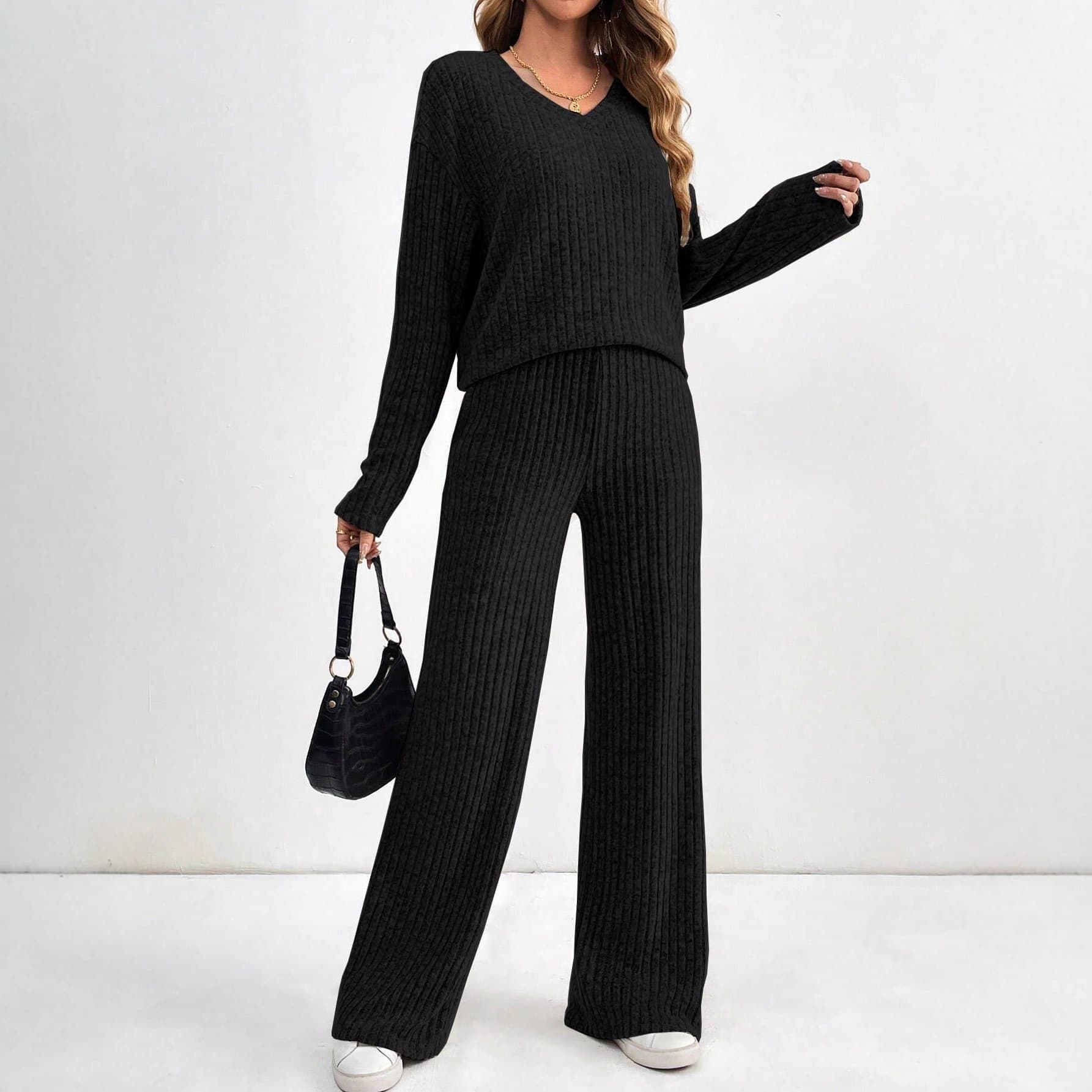 Women's Two-Piece Knit Set - V-Neck Ribbed Top & Straight Leg Pants, Elegant Casual Outfit For Fall