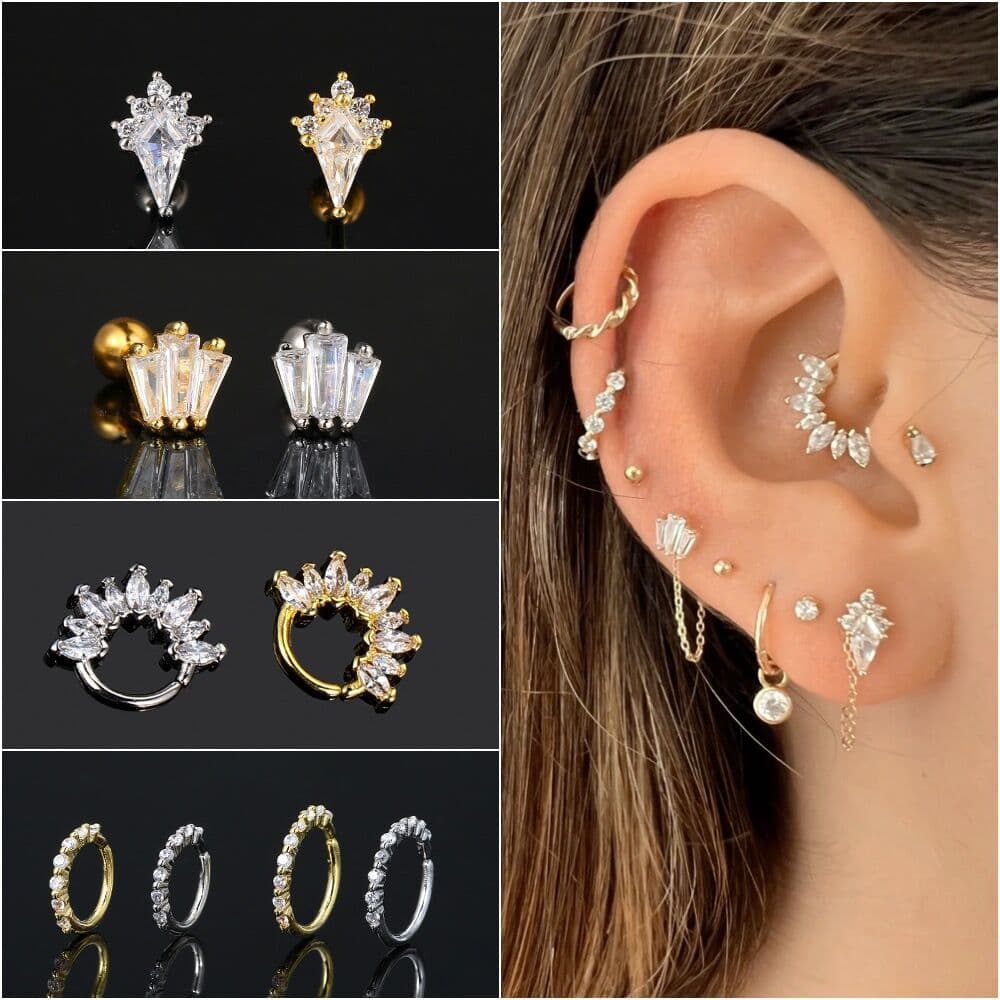 Unisex pierced ear bone studs for women micro inlaid zircon earrings stainless steel screw ball ear studs popular earrings