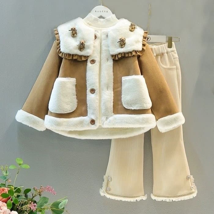 Girls' Winter Suit Baby Girls' Fur In One Body And Two Sets Of Thick Coats And Trousers