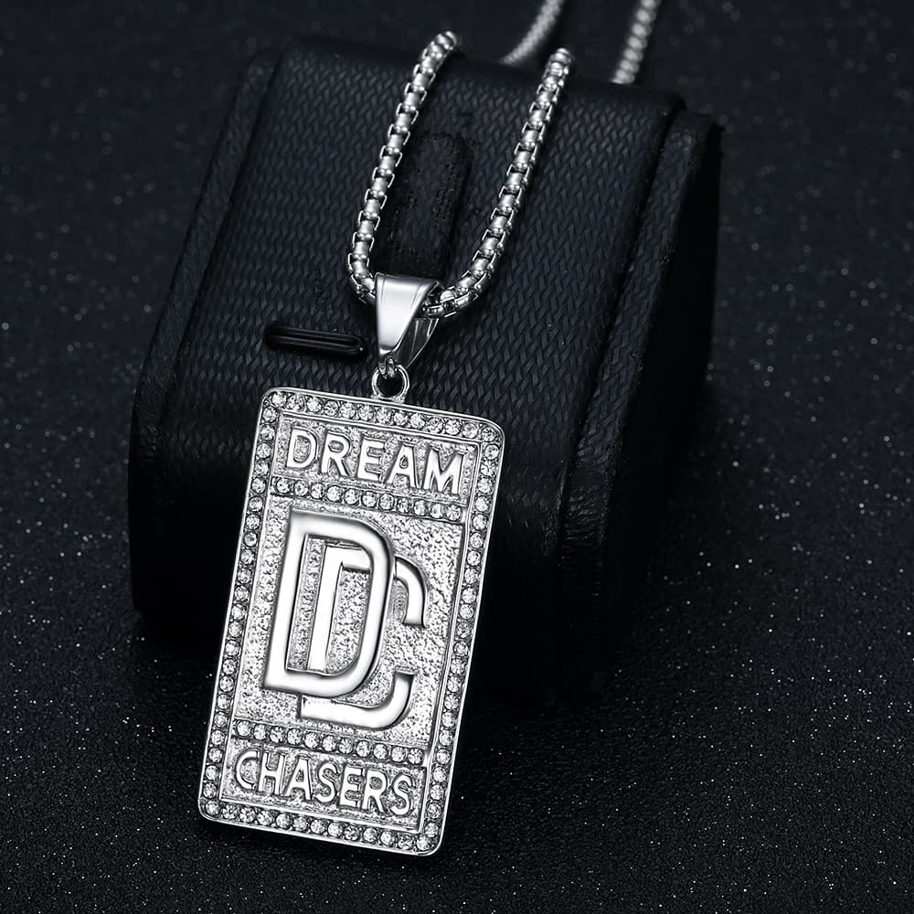 Trendy Hip-Hop Jewelry Titanium Steel Gold-Plated Diamond-Encrusted DC Square Pendant Necklace