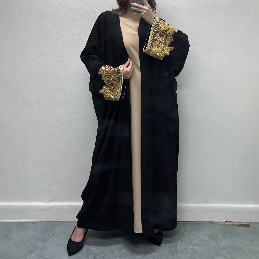 Women's Clothing Modest Abaya Dress Beaded Bat Robe Elegant And Loose Embroidered Batwing Kaftan – Elegant Modest Abaya With Scarf (Black, One Size)​