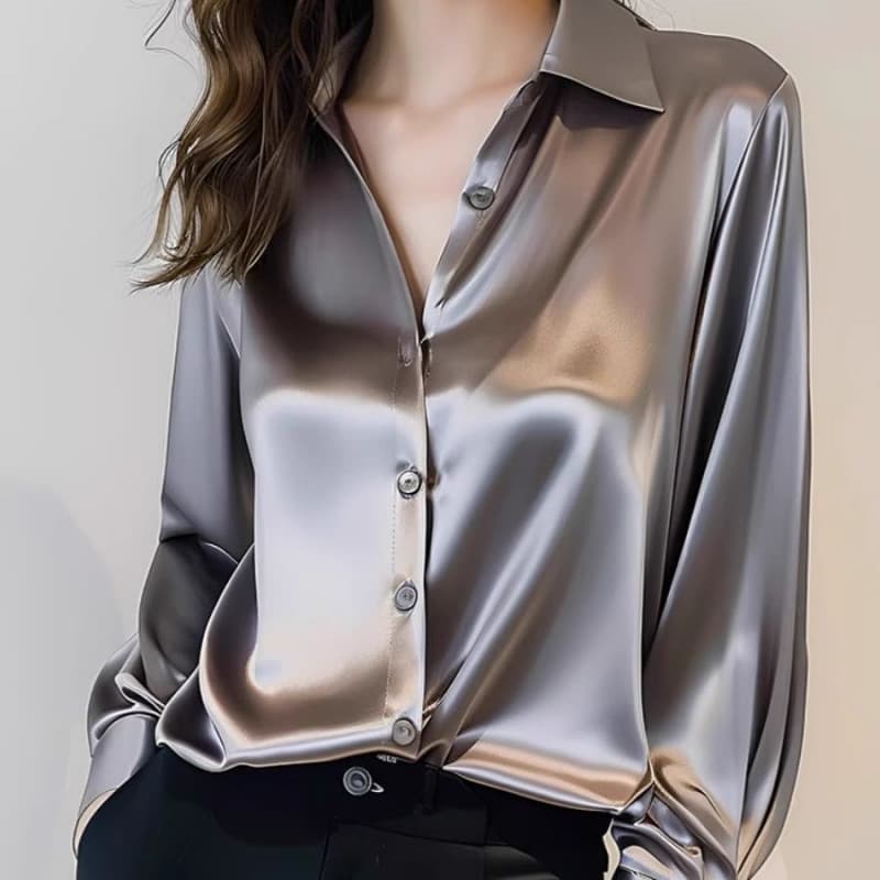​Elegant Grey Acetate Satin Blouse For Women - Long Sleeve -Inspired Silk-Like Shirt With Polo Collar (S-3XL, Loose Fit, Office & Casual Wear)​