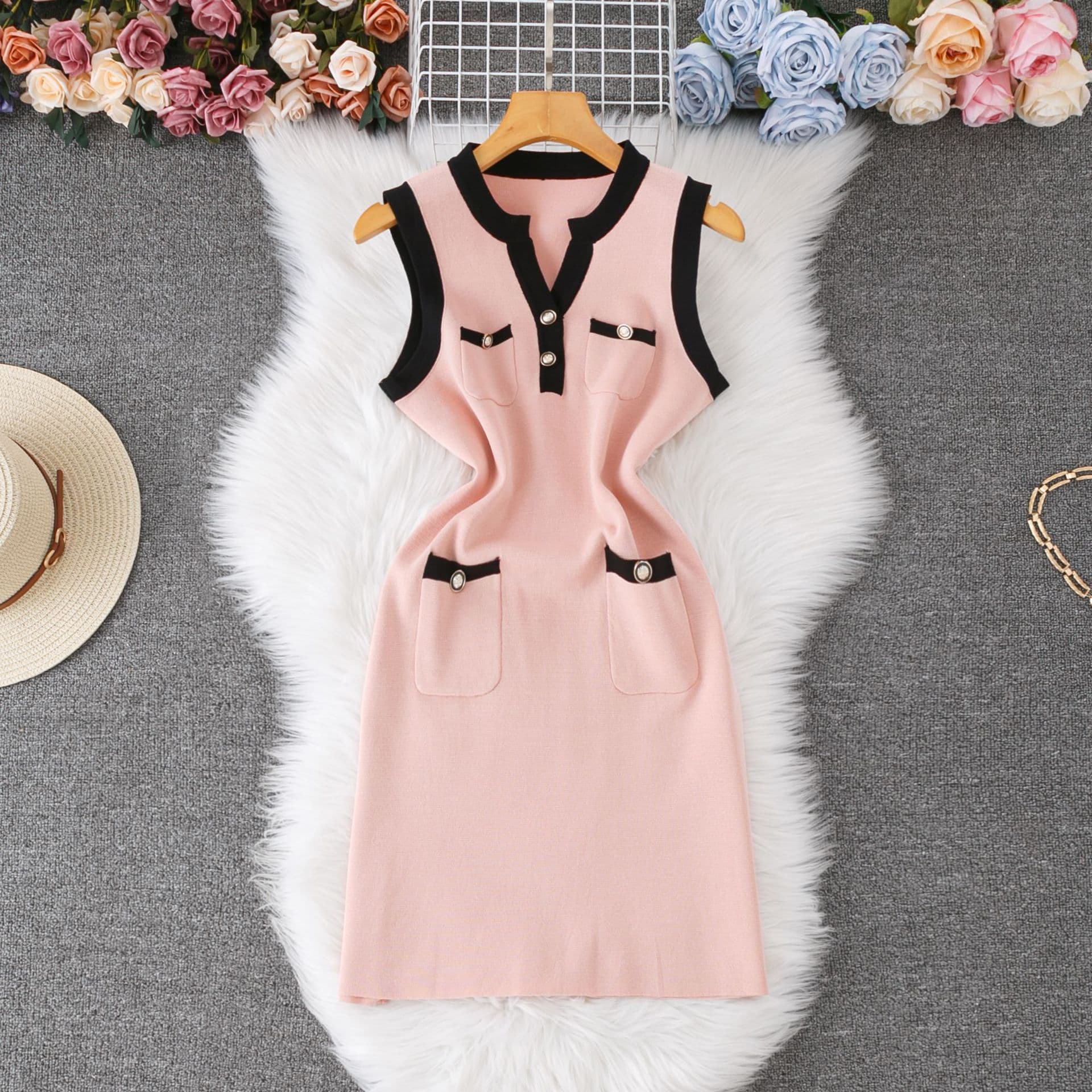 French Retro Contrast Color Fashion Pocket Knitted Sleeveless Dress New Slim Hip Wool Knitted Skirt