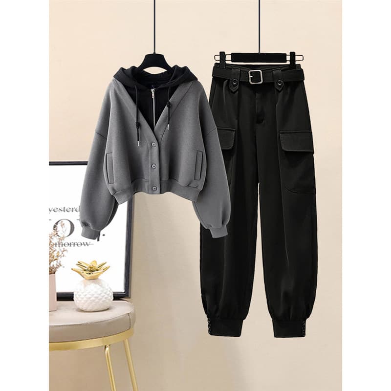 Women's Clothing Autumn and winter suit for women, small size, design, half zip sweater jacket, high waist overalls, fashionable two piece suit