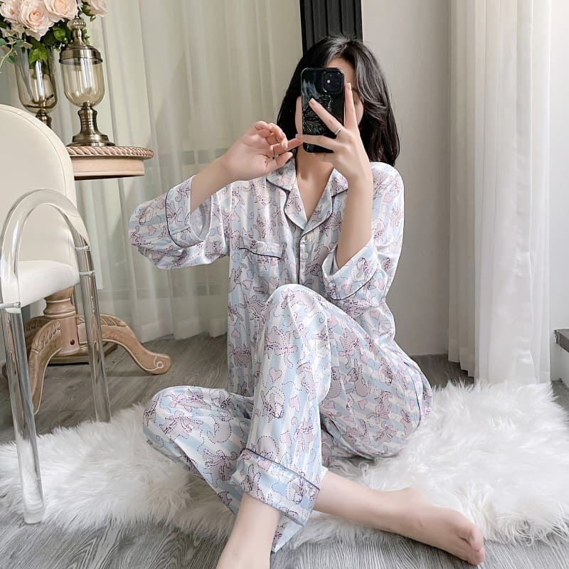 Pajama Women's Ice Silk Long Sleeve Cartoon Suit Thin Silk Home Clothes