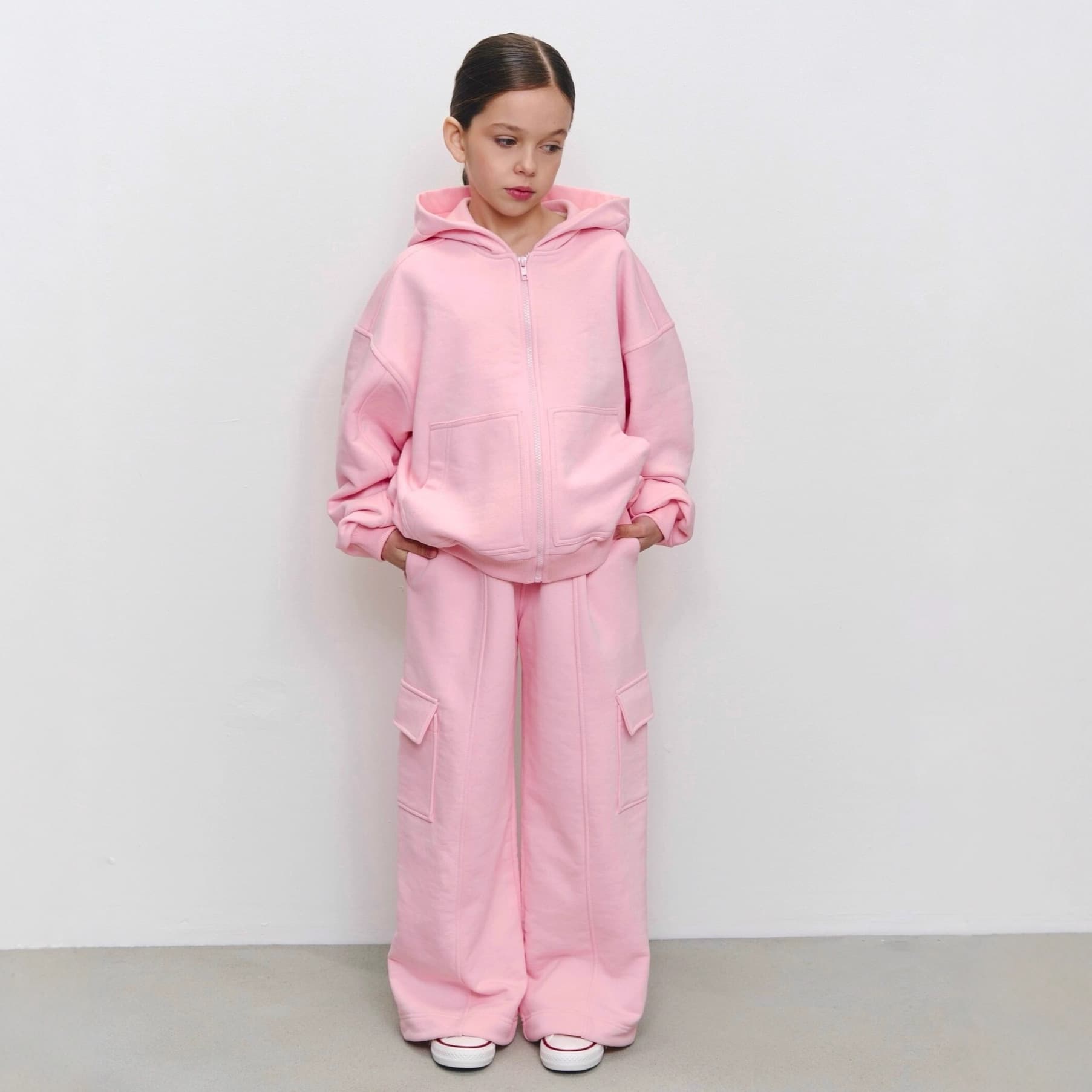 Kids' Zip-Up Hoodie & Pants Set - Soft Fleece Two-Piece Outfit For Girls (128-158cm) - Black/White/Grey/Khaki/Pink/Purple