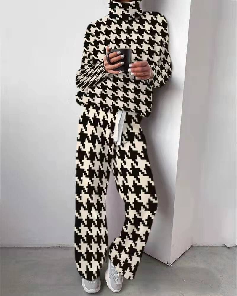 Women's Clothing new fashion print high collar loose trousers two piece suit