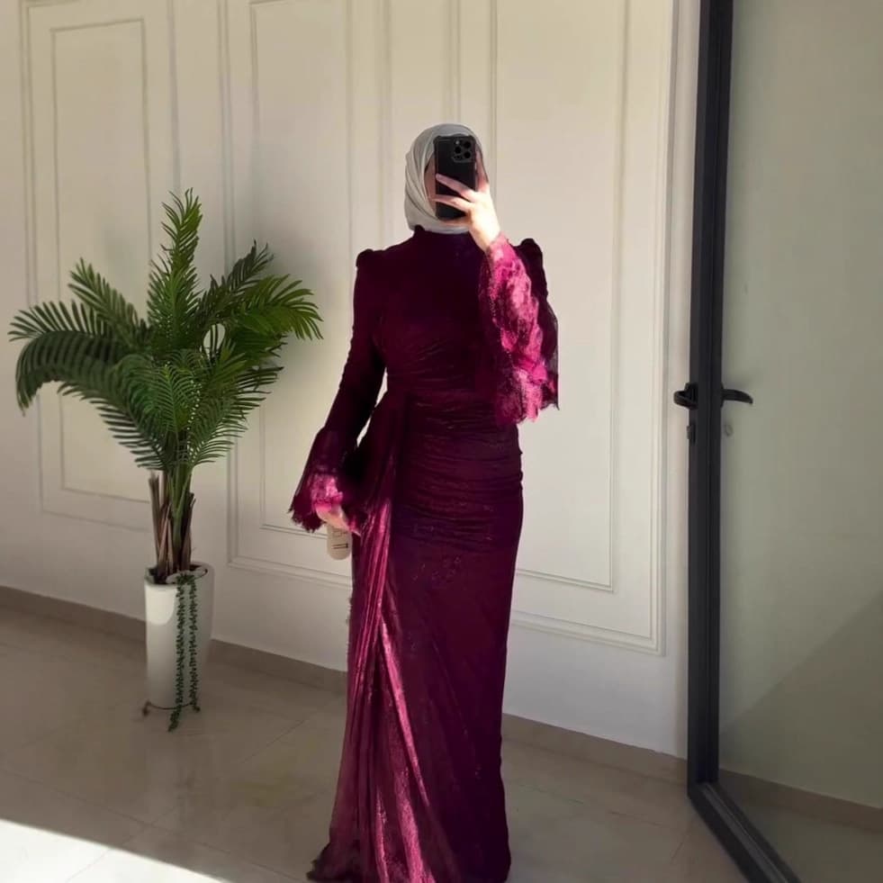 Modest Evening Dress/Formal Dress Women Elegant Retro Long Sleeve Maxi Dress– High Waist, Puff Sleeve, Wrap Hem – Vintage-Inspired(Black, Burgundy)​