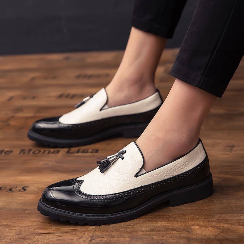 Unbeatable Quality New Blok Color Blocked Fringed Leather Shoes, Shiny Leather, Fashionable Set, Loafers, Hairstyles, Size 48 Men's Shoes