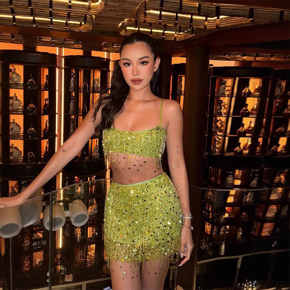 Glitter Fringe Sequin Mini Dress Set - Sexy Two Piece Outfit With Crystal Beads For Women, Clubwear Party Outfit, Streetwear Fashion