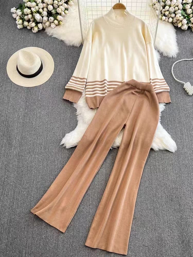 Women's Clothing casual fashion knitted suit for women autumn and winter loose long sleeved contrast top high waist slim wide leg long pants