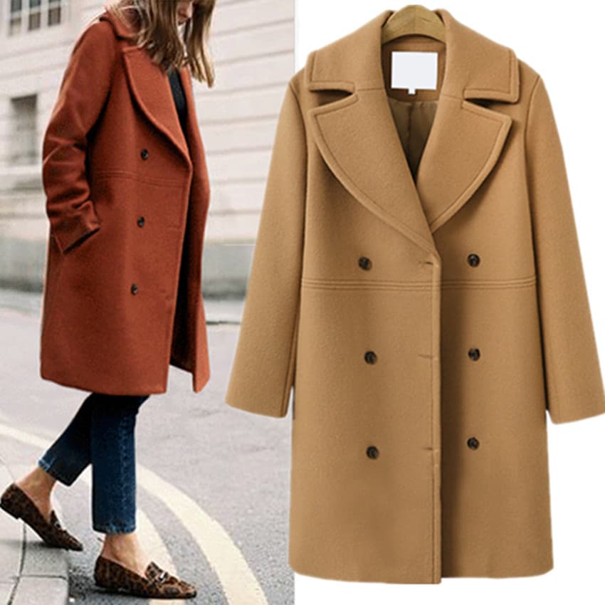 Women's Clothing autumn and winter large size women's woolen coats women's double breasted mid length windbreaker woolen coat