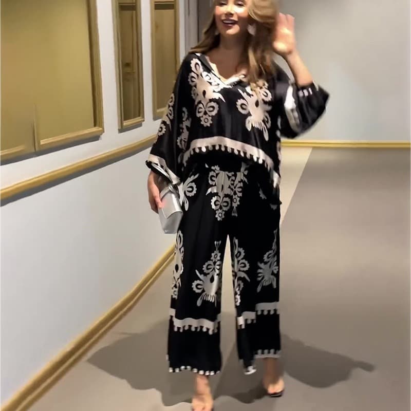 Women's Clothing irregular printed long sleeved tops and trousers two piece set for women
