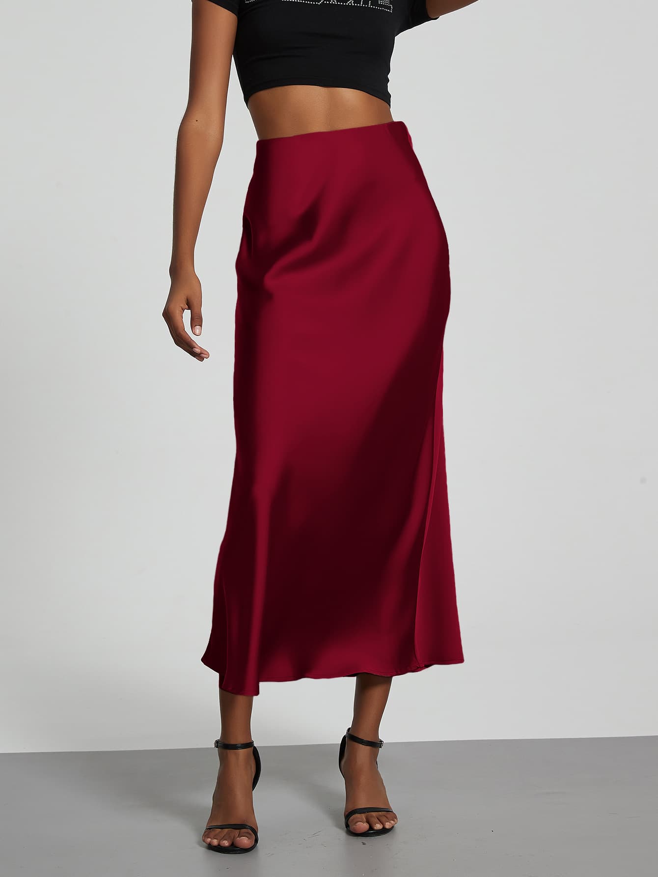 Elegant Satin Midi Skirt For Women - Flowy A-Line Tailored Pencil Skirt With Slit, Breathable Polyester, Office & Evening Wear