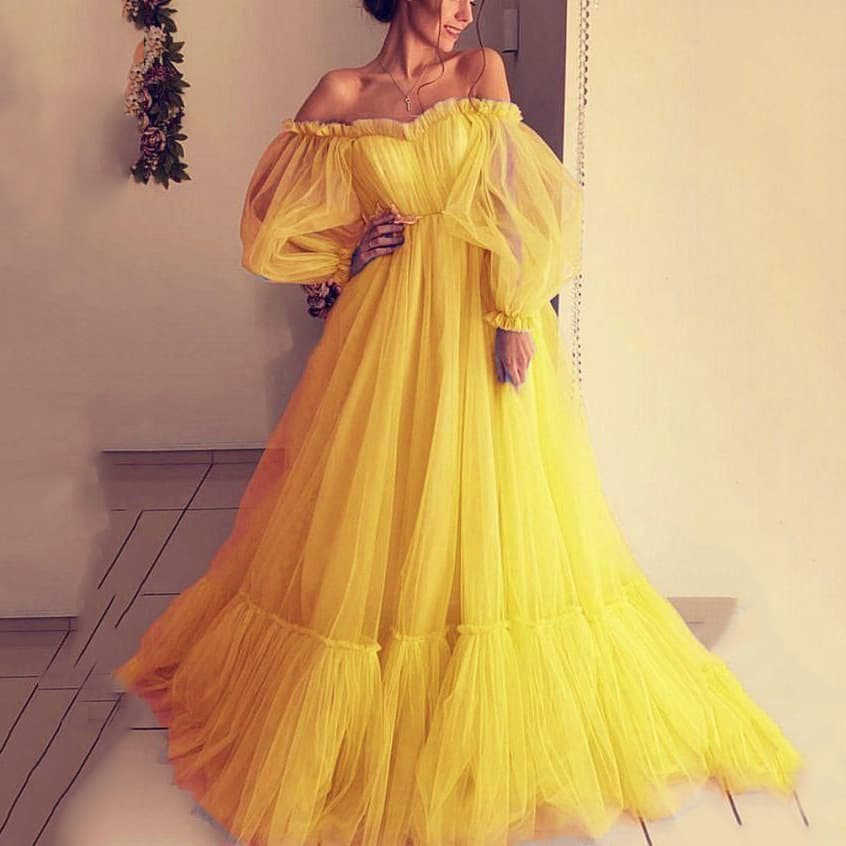 Women's Line Shoulder Gauze Long Wedding Dress Swing Dress