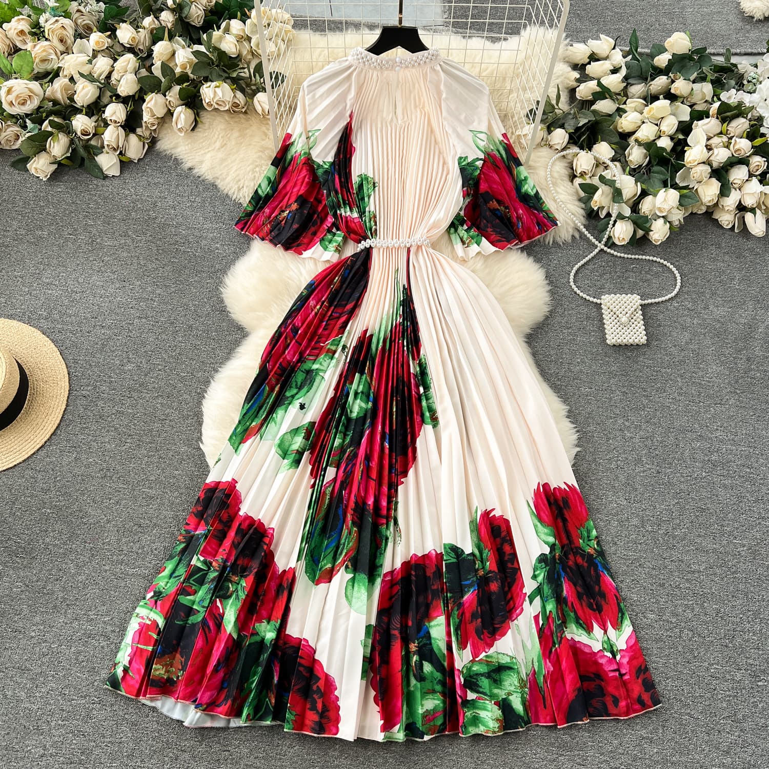 Women's Clothing large size women's clothing grade printing heavy beading pleated long dress pleated skirt temperament dress female