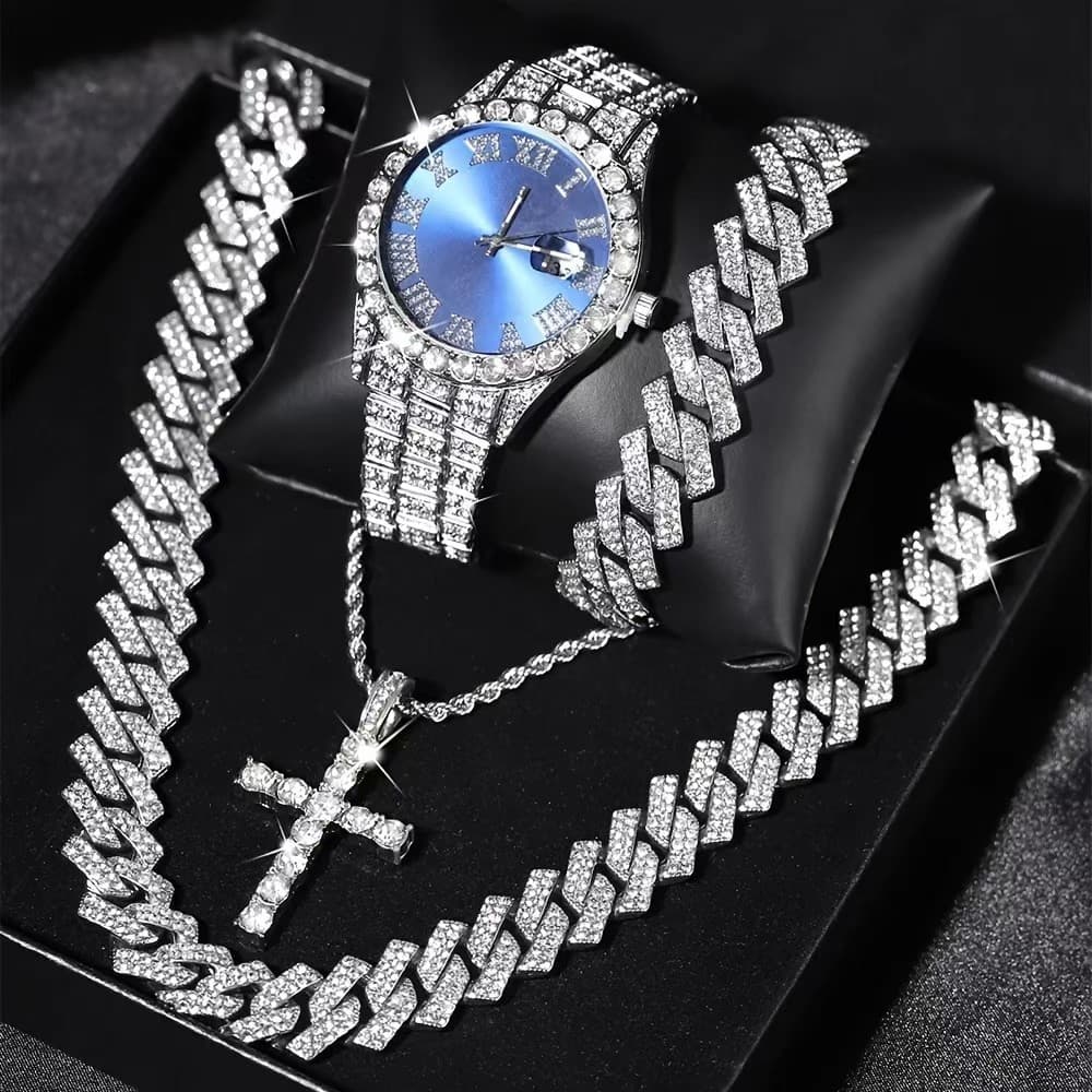 Watchbands 4pes Popular Diamond Studded Luxury Steel Band Submariner Quartz Watch Diamond Studded Hip Hop Men's Cuban Bracelet Set Watch