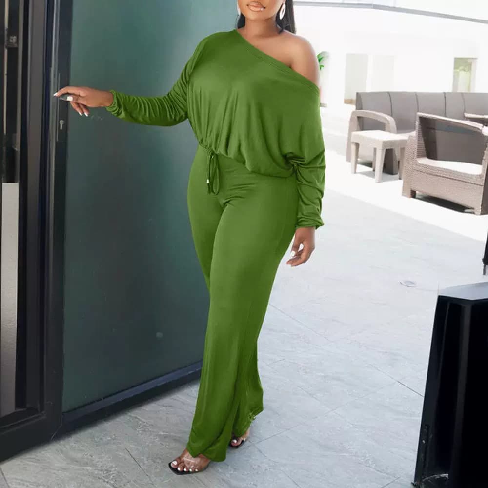 Women's Clothing solid color off shoulder waist drawstring suit